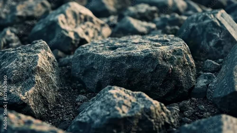 Dark rocks closeup, textured surface, blurred background, possible construction material Dark rocks closeup, textured surface, blurred background, possible construction material