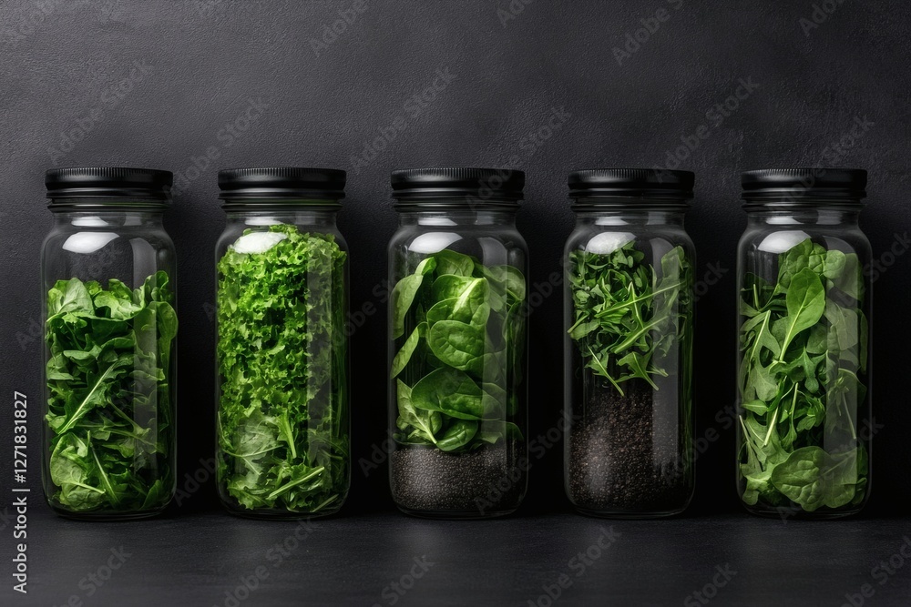 Fresh greens beautifully displayed in glass jars for a healthy kitchen aesthetic. Generative AI Fresh greens beautifully displayed in glass jars for a healthy kitchen aesthetic. Generative AI