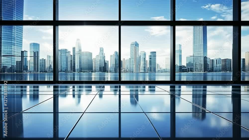 Empty office space with city skyline view through large windows Empty office space with city skyline view through large windows