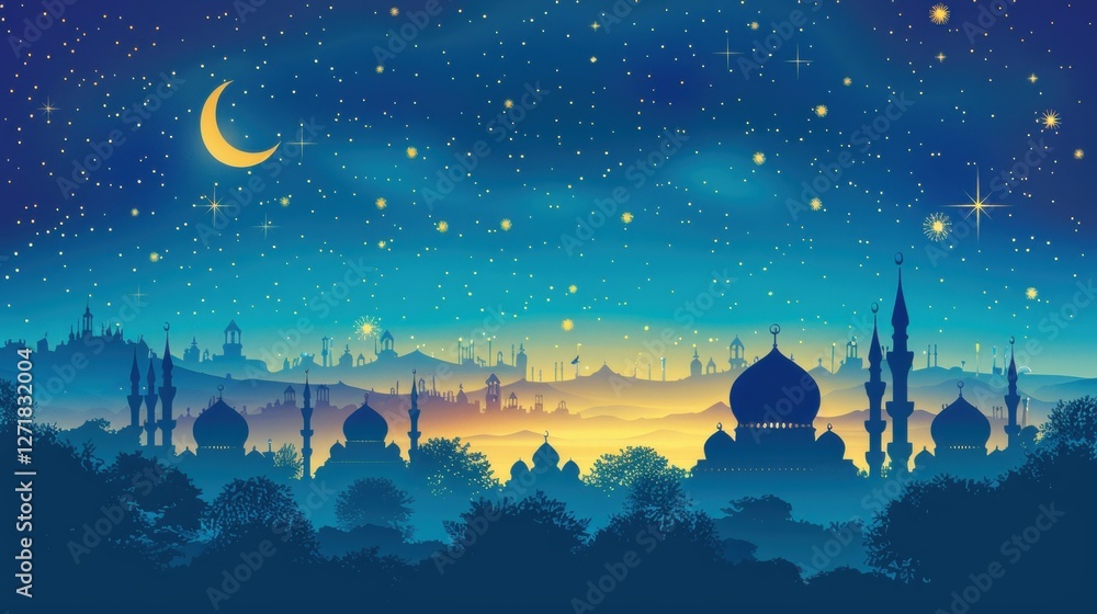 Serene night over a mystical cityscape with domed architecture, twinkling stars, and a crescent moon Serene night over a mystical cityscape with domed architecture, twinkling stars, and a crescent moon