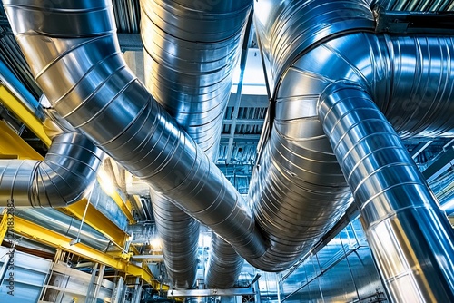 Metal ducts crisscrossing an industrial ceiling in a manufacturing facility photo