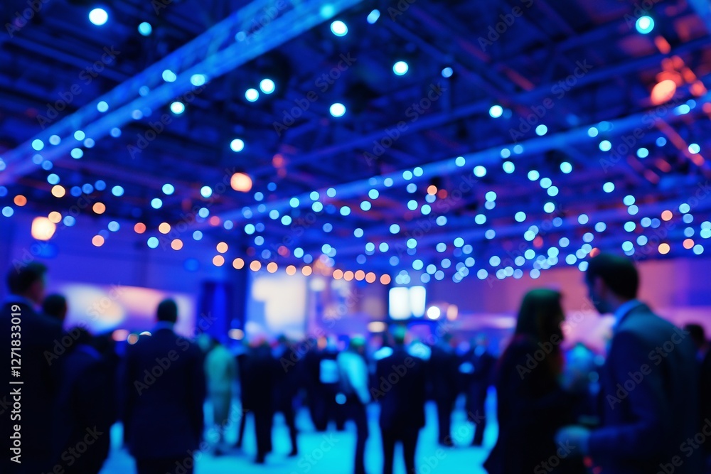 Naklejka premium A bustling professional event takes place in a large indoor venue with bright stage lighting, where attendees engage in discussions and network in a dynamic business atmosphere.