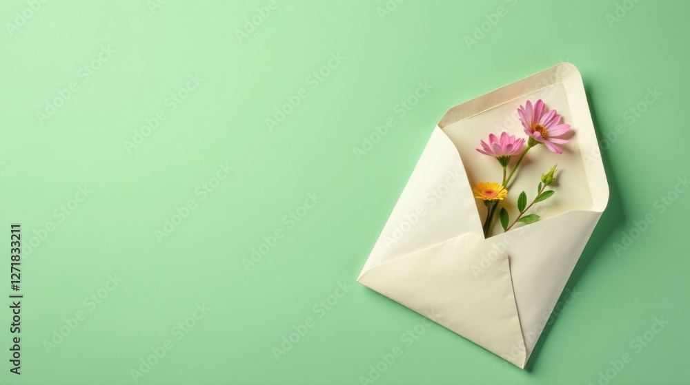 A delicate bouquet of wildflowers nestled within a pristine envelope, resting on a soft green backdrop, symbolizing a heartfelt message of spring's gentle arrival A delicate bouquet of wildflowers nestled within a pristine envelope, resting on a soft green backdrop, symbolizing a heartfelt message of spring's gentle arrival