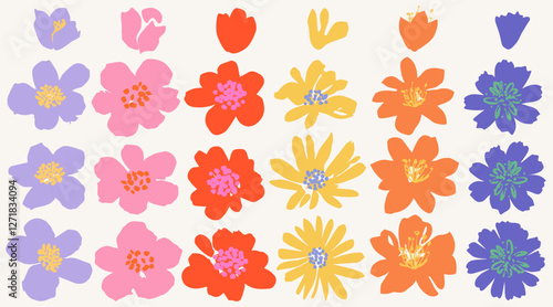 Collection of spring colorful flower elements vector. Set floral of wildflower, foliage on white background. Hand drawn blossom illustration for decor, poster, sticker, clipart, print and pattern.