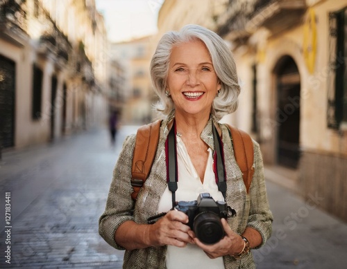 A senior woman standing on a historic European street, holding a camera and capturing the scenery, dressed casually with a backpack, enjoying his solo travel experience, embracing adventure and discov photo