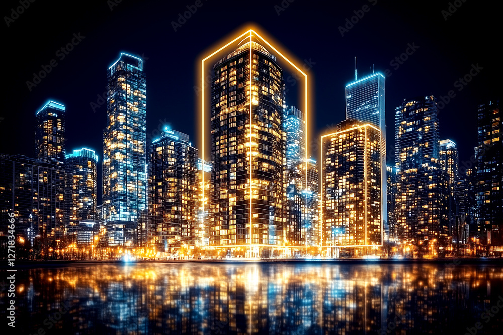 Naklejka premium City skyline is lit up in neon colors, creating a vibrant and energetic atmosphere. The buildings are illuminated, with the city lights reflecting off the water, creating a beautiful