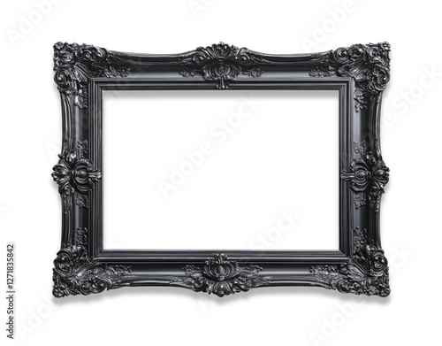 Ornate black picture frame with classic design isolated on transparent background. Front view. PNG