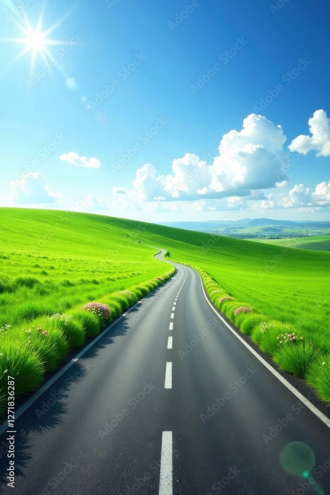 Asphalt ribbon unwinding through vibrant green meadows under a brilliant sun, promising adventure and open road freedom. Asphalt ribbon unwinding through vibrant green meadows under a brilliant sun, promising adventure and open road freedom.