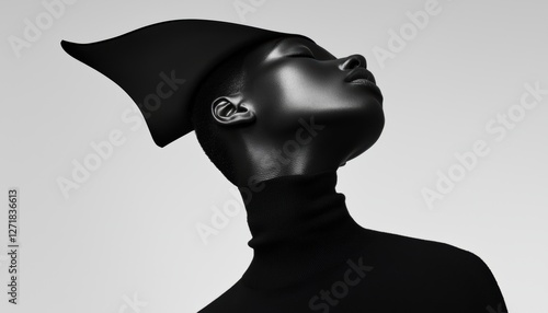 Minimalist high-fashion shoot, monochrome tones, model wearing sleek black outfit, strong contrast lighting