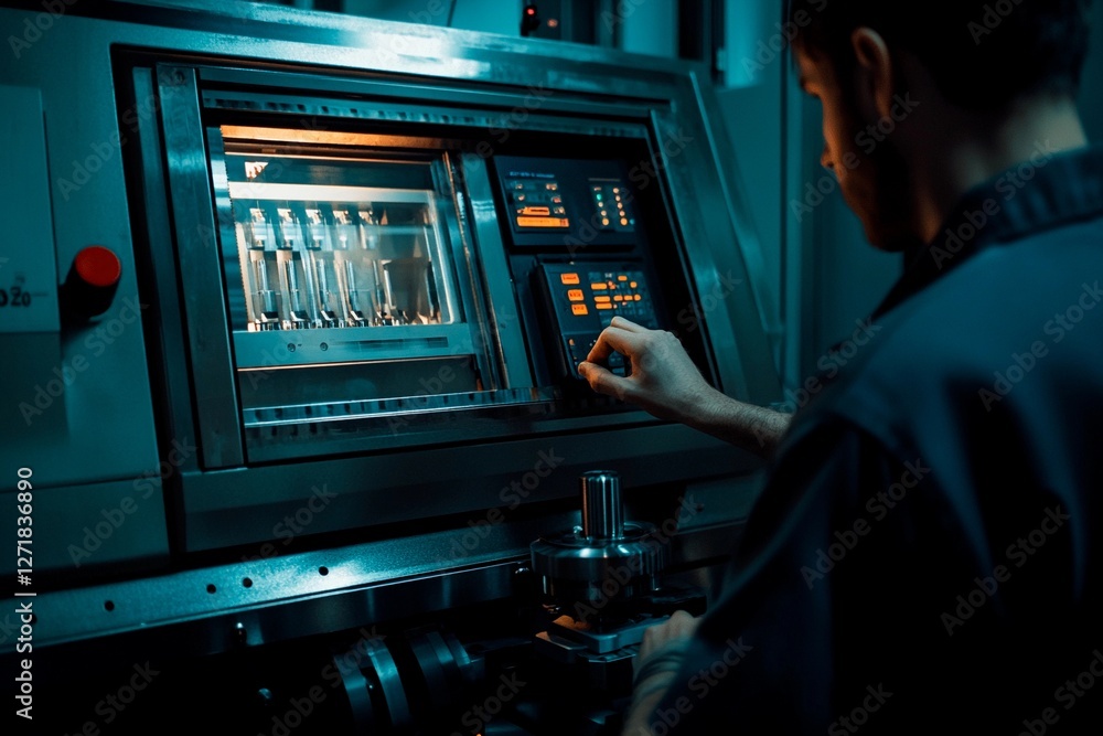 Naklejka premium Innovative machinery operation in a futuristic laboratory environment at nighttime