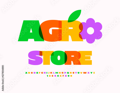 Vector Watercolor Advertisement Agro Store with Beautiful Flower. Bright Bold  Font. Transparent Colorful Alphabet Letters and Numbers set.