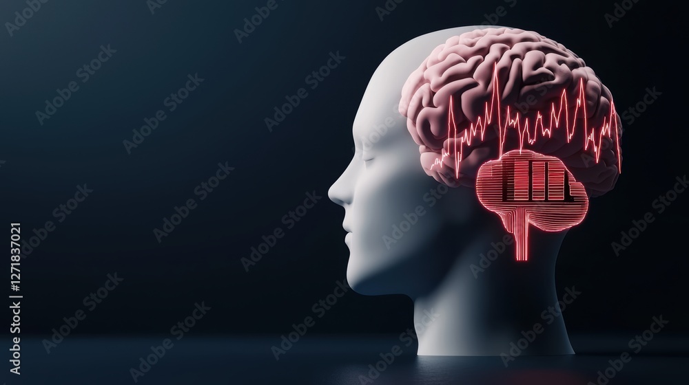 Obraz premium A digital representation of a human head with a brain and sound waves, symbolizing the connection between neuroscience and audio processing.