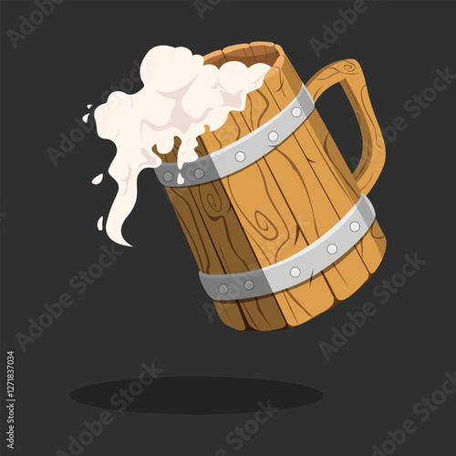 Vector beer mug with handle. Wooden glass of foam drink. A hand-drawn sketch. Engraving style. Color illustration for menu design, advertising, packaging, signage, banners, beer and restaurant Windows