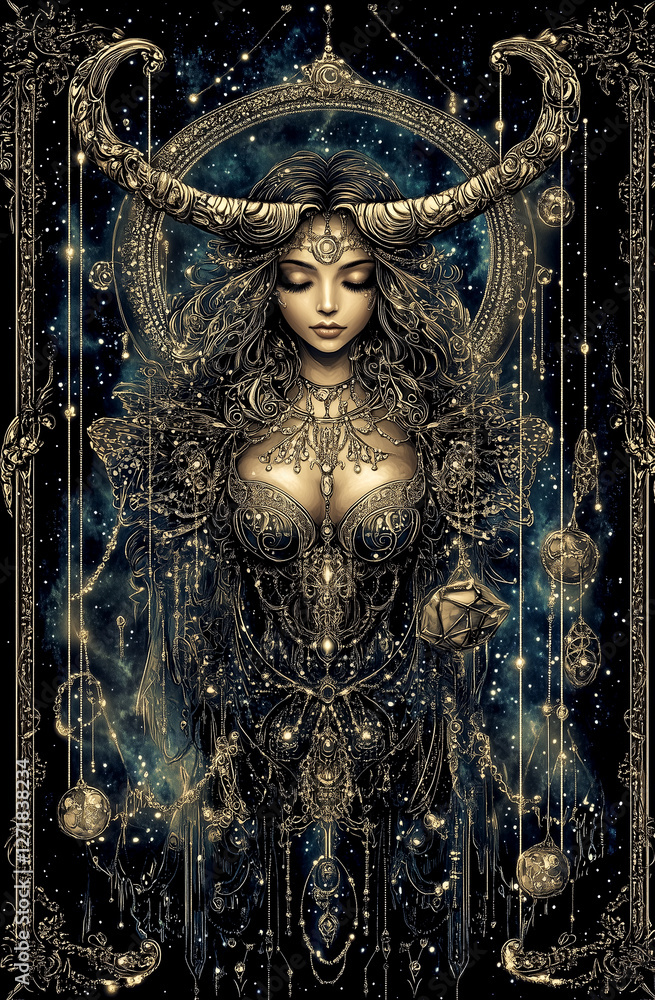 Obraz premium Woman with a horned headdress is depicted in a gold and blue color scheme. The woman is wearing a gold dress and is holding a golden object. The image has a mystical and ethereal feel to it