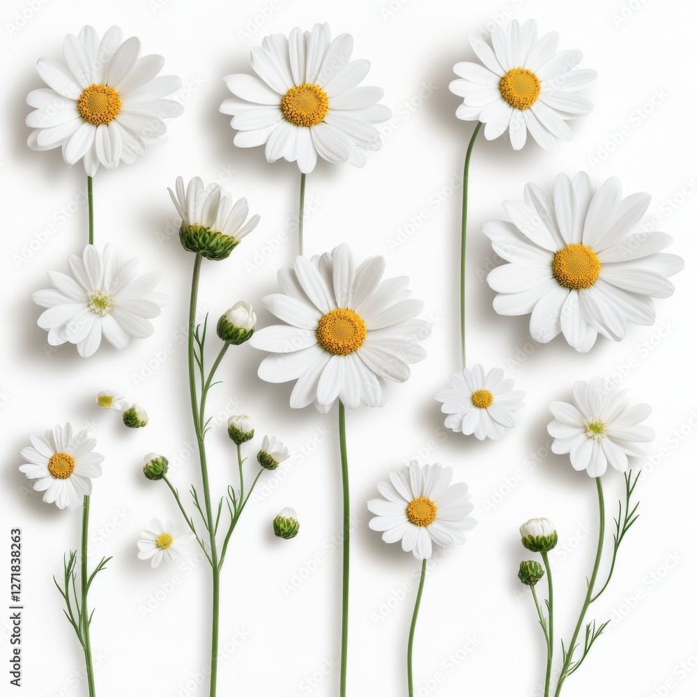 Obraz premium Artistic floral set of white daisies with varying sizes, carefully placed on a clean white background, modern and sophisticated design, ultra-high resolution