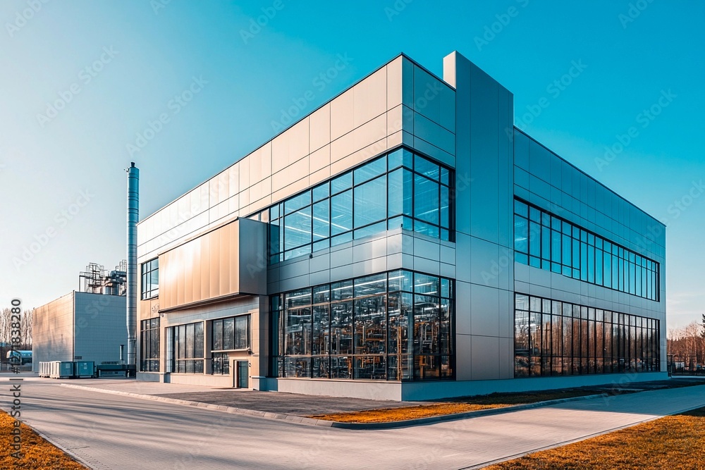 Naklejka premium Modern industrial building showcases stunning architecture under clear blue sky