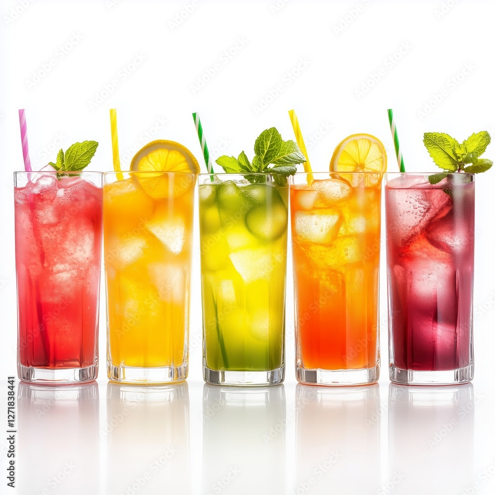 Colorful Beverages with Ice Cubes and Fruit Garnishes in Tall Glasses Isolated on White Background Colorful Beverages with Ice Cubes and Fruit Garnishes in Tall Glasses Isolated on White Background