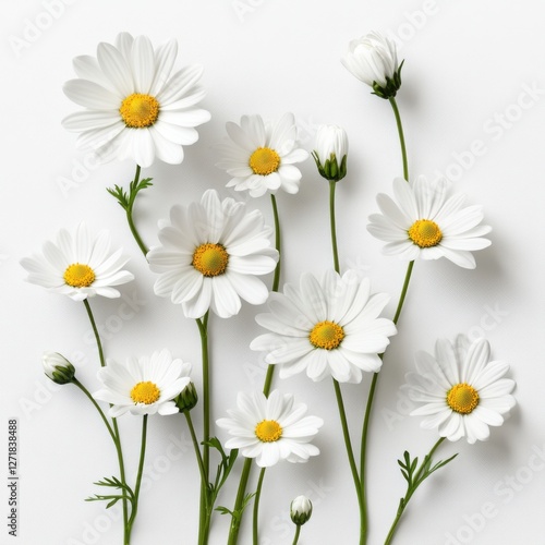 Artistic floral set of white daisies with varying sizes, carefully placed on a clean white background, modern and sophisticated design, ultra-high resolution