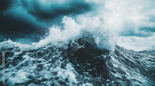 Fototapeta Naklejka Na Ścianę i Meble -  Ocean storm wave crashing, dramatic sky, sea power, nature background