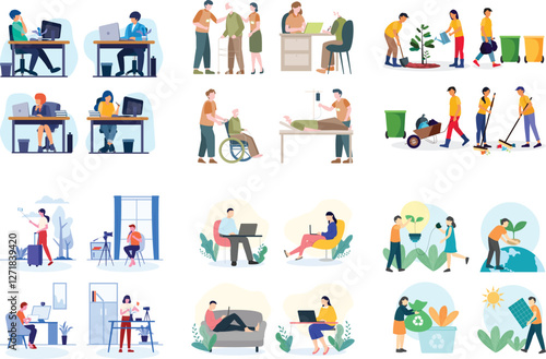 Cartoon illustrations, diverse occupations and activities, colorful flat design, people at work and home, office workers, medical professionals, cleaners, delivery personnel, teachers, students