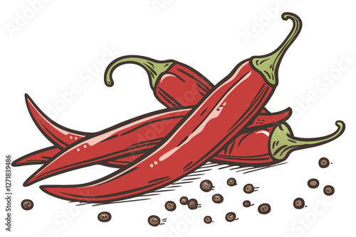  Vibrant red chili peppers, glossy skin, green stems, sharp focus, white background, food photography, high contrast, fresh produce, spicy ingredients, culinary still life, macro detail, overlapping