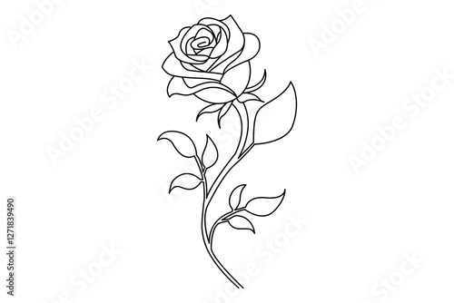 Rose vector illustration on white background with leaves colorless black and white
 contour line easy drawing for love greeting
