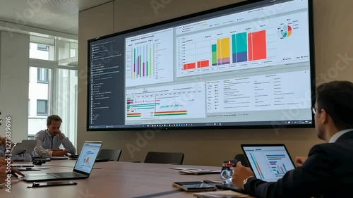Team analyzes data on screen in modern office; office building visible. Possible presentation slide
