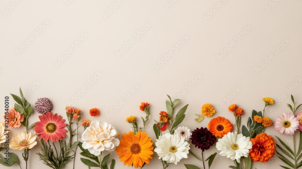 Fototapeta premium Beige backdrop with a scatter of bright autumn flowers, including sunflowers, asters, and zinnias, arranged in a symmetrical pattern, soft lighting and ultra-realistic focus