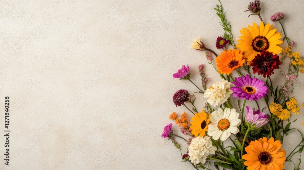Fototapeta premium Beige backdrop with a scatter of bright autumn flowers, including sunflowers, asters, and zinnias, arranged in a symmetrical pattern, soft lighting and ultra-realistic focus
