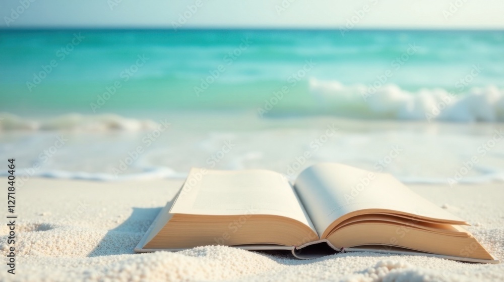 Open book resting on sandy beach near ocean waves, peaceful summer vacation scene Open book resting on sandy beach near ocean waves, peaceful summer vacation scene