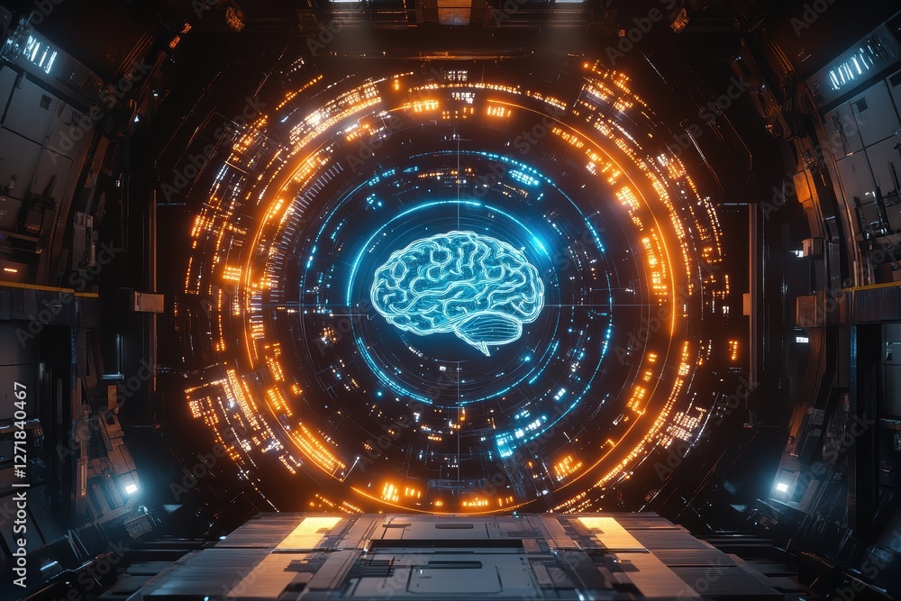 Obraz premium Futuristic glowing brain representing artificial intelligence in technological environment