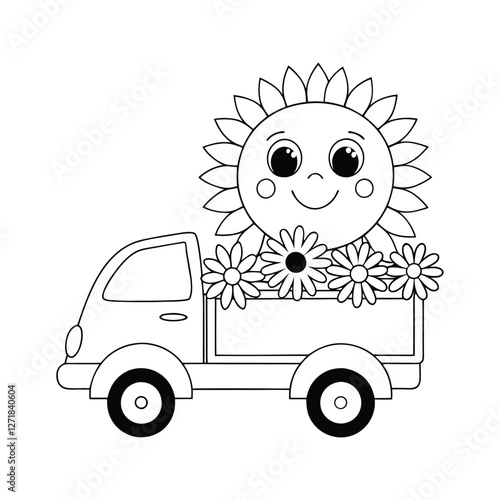 A happy sun shaped truck carrying flowers for a playful coloring book