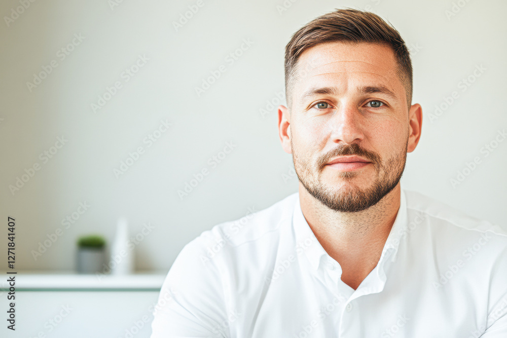Fototapeta premium Young man lifestyle portrait in neutral indoor setting photography