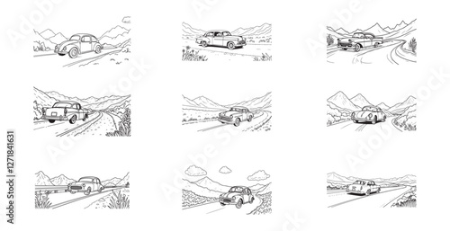 Set of Retro car on the road. Nature, mountains, flowers. Coloring page for adults. Vector image