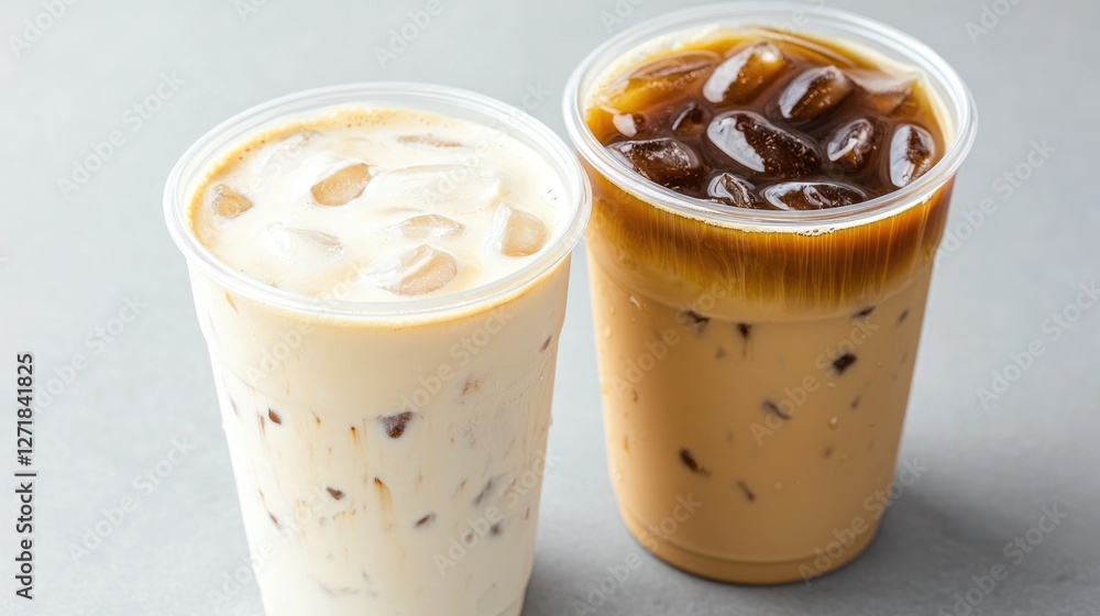 Iced coffee drinks, summer refreshment, gray background, cafe setting, menu photo Iced coffee drinks, summer refreshment, gray background, cafe setting, menu photo