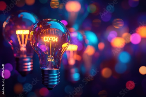 Bright light bulbs shining on a colorful bokeh background