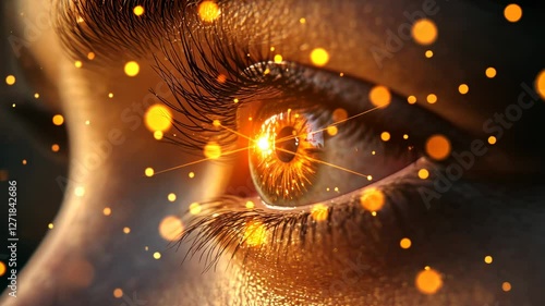 Woman's eye with glowing particles, close-up, dark background, potential for vision or health ads