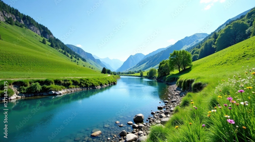 Serene River Valley Landscape Lush Green Hills, Clear Water, and Vibrant Wildflowers Adorn a Picturesque Mountain Setting Serene River Valley Landscape Lush Green Hills, Clear Water, and Vibrant Wildflowers Adorn a Picturesque Mountain Setting