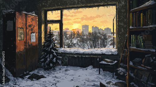 Abandoned room covered in snow with a sunset cityscape view through a broken window, creating a melancholic winter atmosphere