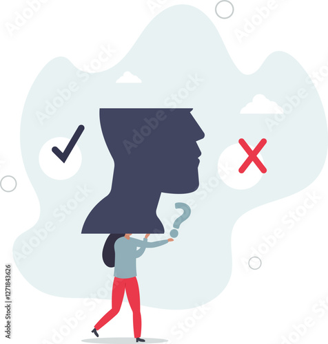 Decision making or logical thinking, choose right or wrong, correct or incorrect, solve problem, critical thinking, decide and dilemma concept,flat character life .