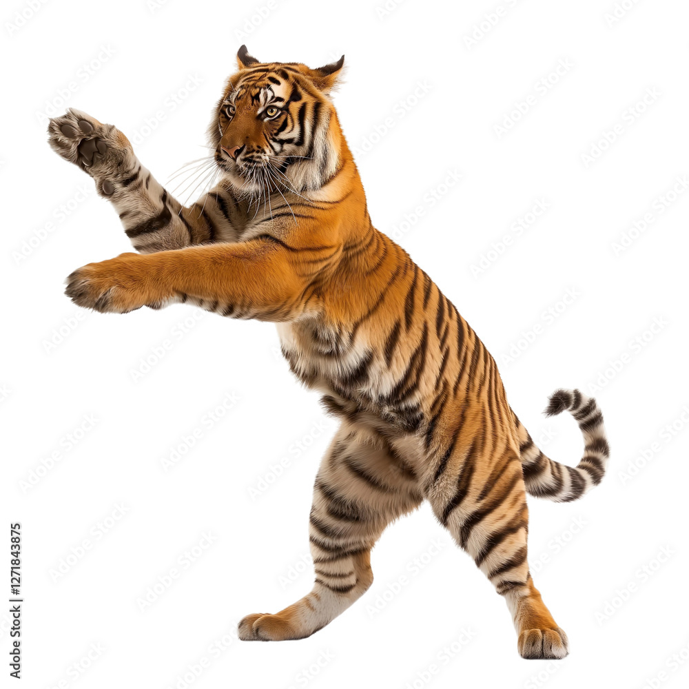 Obraz premium Big orange tiger in dynamic pose, isolated on white or transparent background, png clipart, design element.