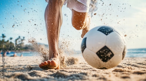 Close up man playing foot volley or beach soccer on sand