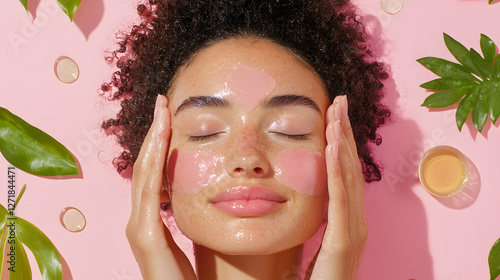 Refreshing skincare routine home beauty product bright pink background close-up self-care concept