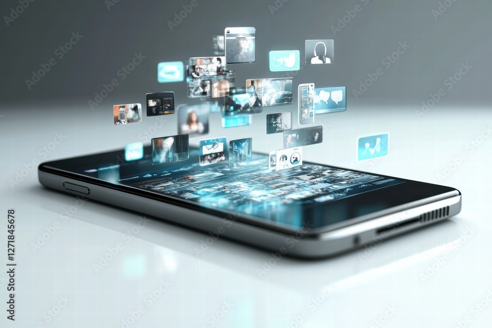 Digital content streams from a smartphone showcasing various multimedia elements. Generative AI