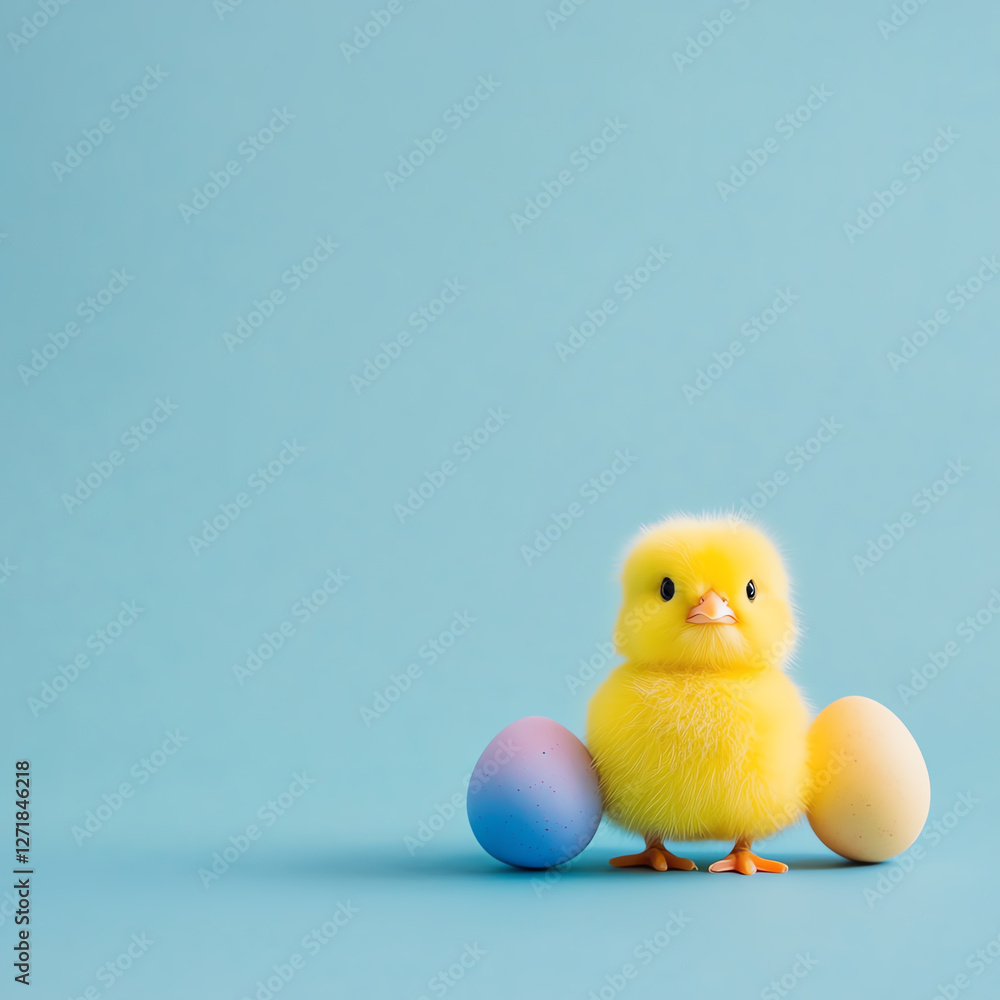 Cute yellow chick with pastel eggs on a blue background. Cute yellow chick with pastel eggs on a blue background.