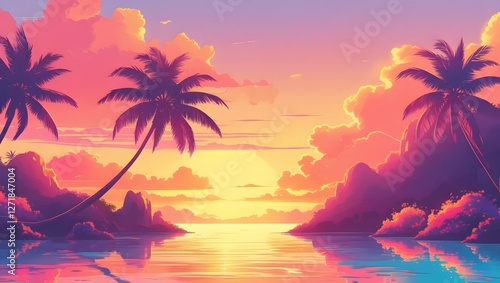 Vibrant Tropical Sunset Paradise: Palm Trees Silhouette Against a Fiery Sky Over Calm Ocean Waters