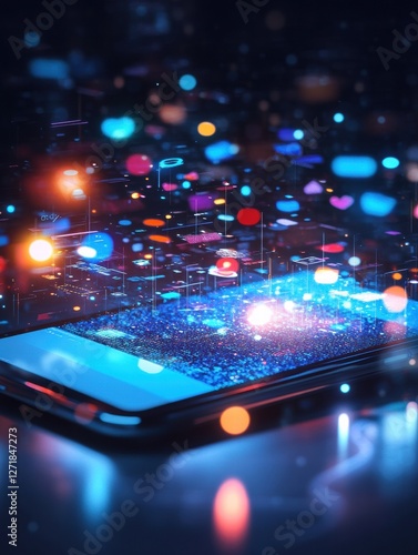 Vibrant digital display with social media icons illuminating a smartphone at night. Generative AI