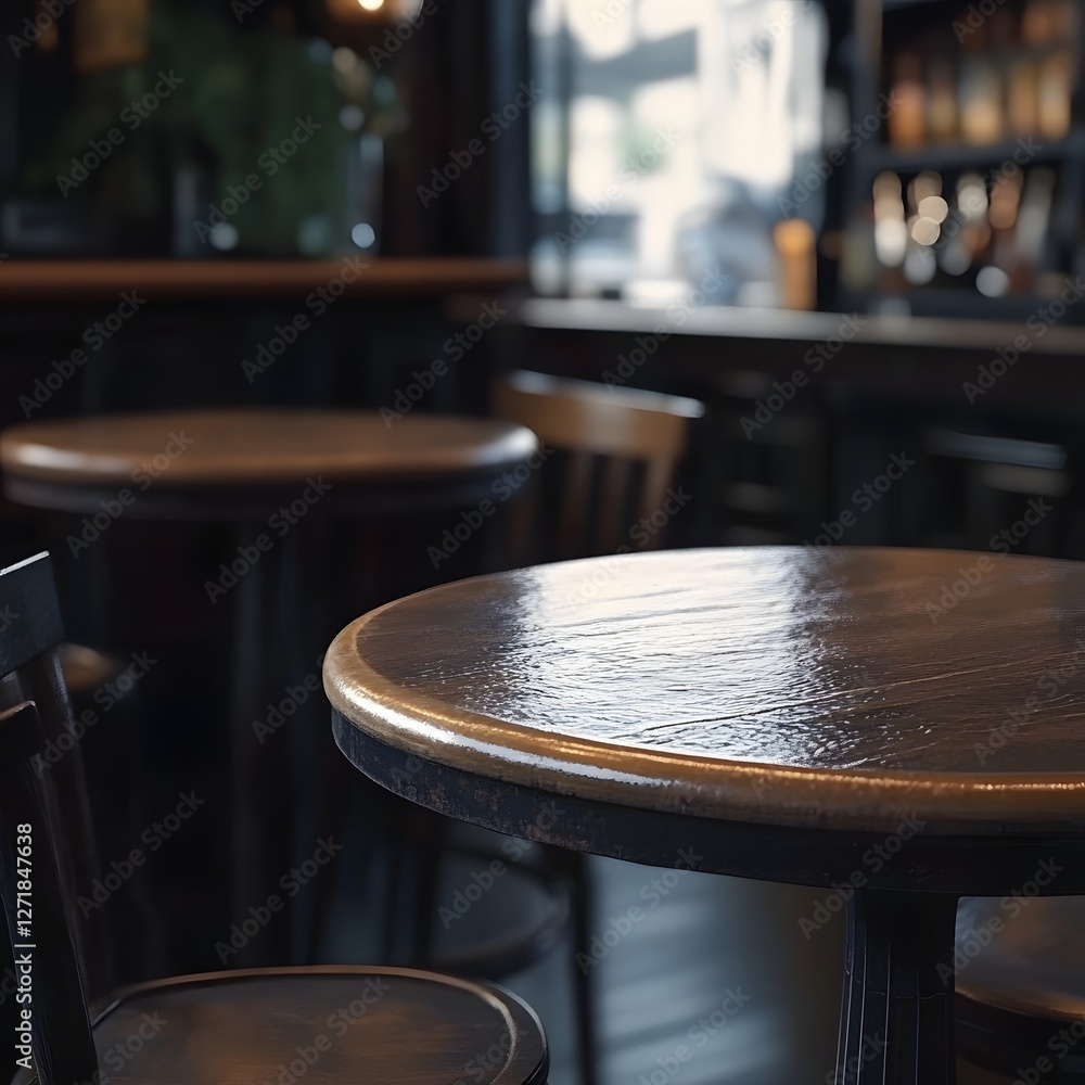 Obraz premium Cinematic Empty Round Table in Dark Moody Bar or Restaurant