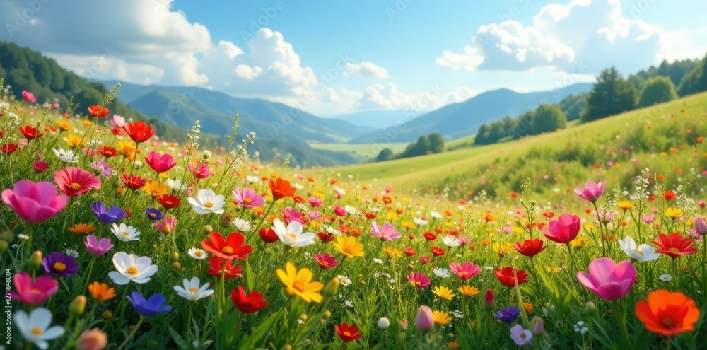 A carpet of colorful wildflowers blanketing the landscape, landscape, colorful A carpet of colorful wildflowers blanketing the landscape, landscape, colorful