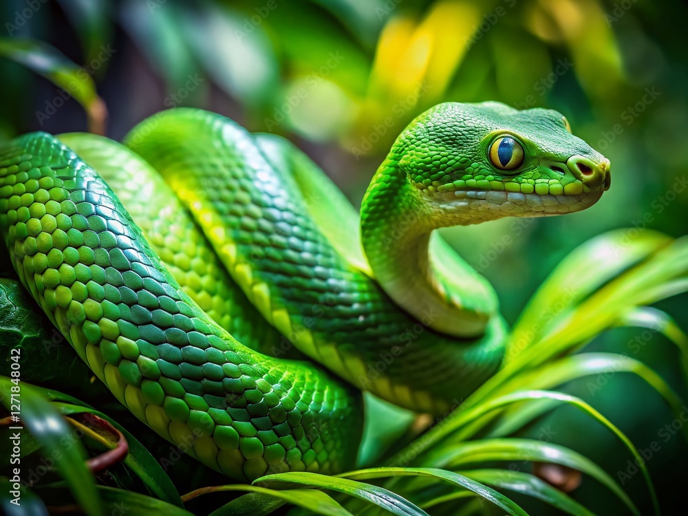 Emerald Serpent: Long Exposure Green Snake in Lush Foliage Emerald Serpent: Long Exposure Green Snake in Lush Foliage